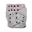 Load image into Gallery viewer, cloth diaper in "space cadet" with a grey back ground with pink, blue , and white planets and black, pink, blue, and white stars with black buttons
