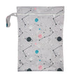 Load image into Gallery viewer, These bags are for storing dirty diapers until laundry day. They go right into the washing machine with the diapers. Wet Bag in "Space Cadet" with a grey background and black, white, blue, and pink stars and planets
